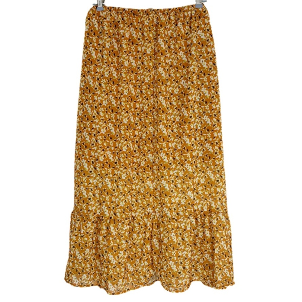 Yellow Ochre Ditsy Floral Midi Skirt Ruffled Hem Size 1X